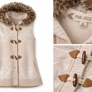 Pink Rose Vest with Faux Fur neck - Beige